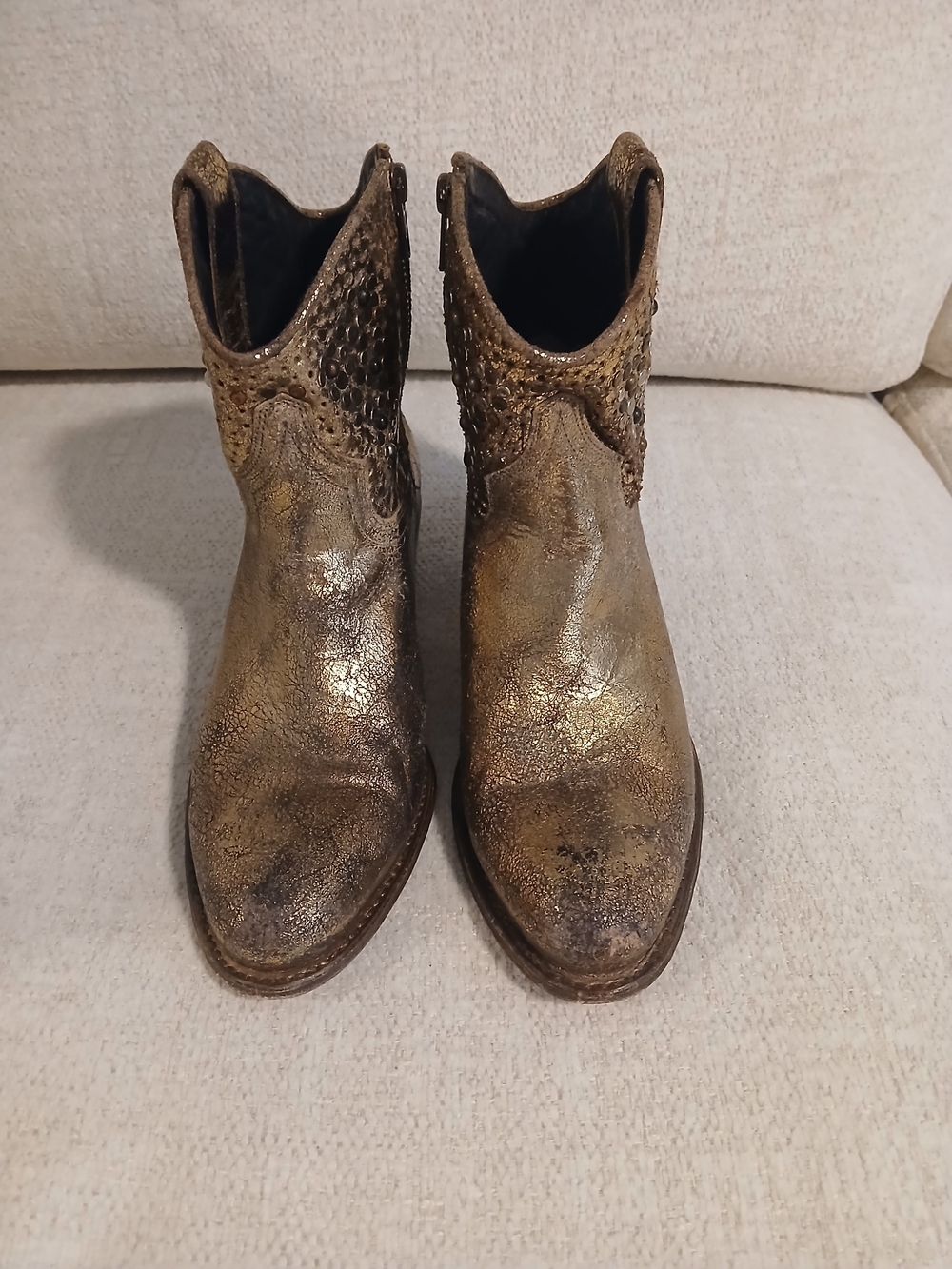 •FRYE• 'Deborah' Metallic Gold Western Ankle Boots with Stud Detail - Picture 2 of 15